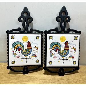 Vintage Cast Iron Rooster Tile‎ Trivets Hot Pads MCM Wall Hanging Lot 2 Japan